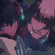 A young man and a young woman look up at the camera while the man brandishes a blade.